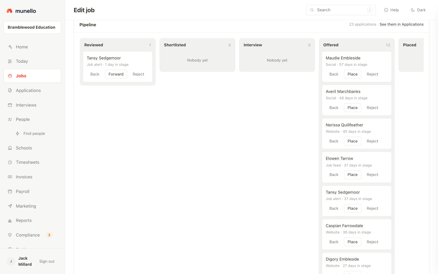 A vacancy pipeline with candidate cards moving through reviewed, interview and offered stages