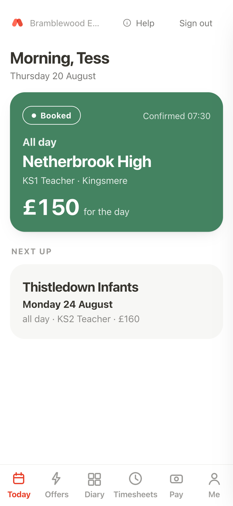 The worker app on a phone, showing weekly timesheets already approved by the school